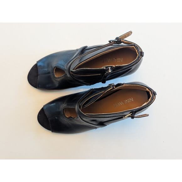 Nine West Black Leather Gaige Open Toe Peep Toe Sandal Heel Buckle Bootie Sz 9 - Picture 6 of 9